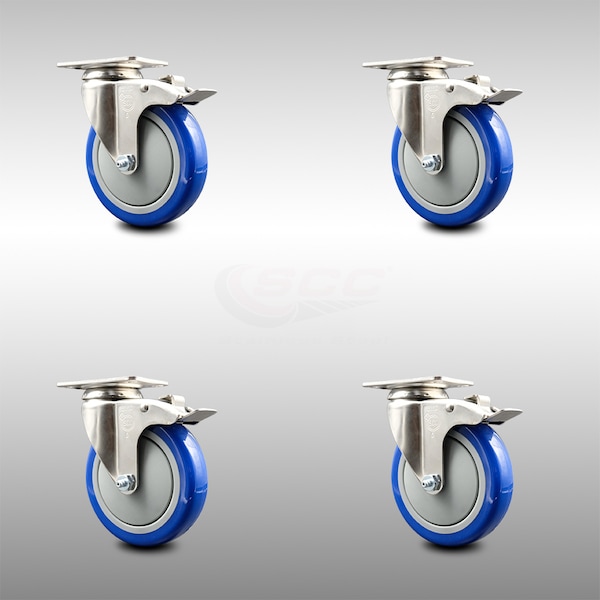 Service Caster 5 Inch 316SS Blue Polyurethane Swivel Top Plate Caster Set Total Lock Brake SCC SCC-SS316TTL20S514-PPUB-BLUE-4 - main